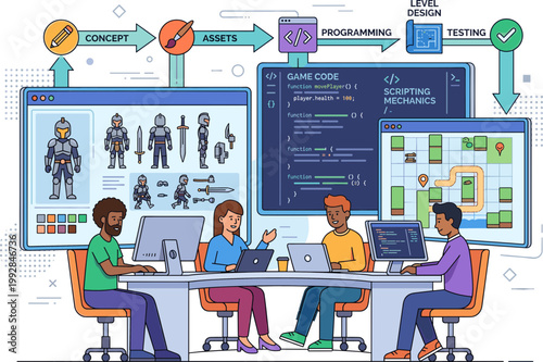 Four people are sitting around a table with laptops and looking at big screens with code and robots on them in a meeting room.