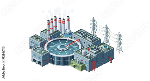 Isometric conceptual illustration of an industrial power plant with chimneys and power lines, depicting modern energy production and environmental considerations