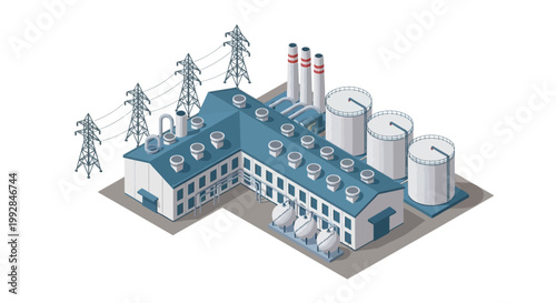 Isometric illustration of an industrial factory complex with buildings, storage tanks, and electricity pylons. Represents energy production, manufacturing, and infrastructure design