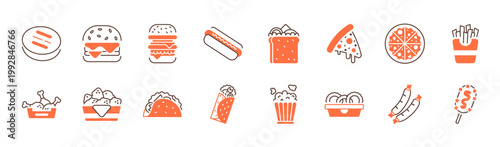 Full fast food menu collection icon outline set burger pizza fries chicken snack hotdog taco burrito line illustration