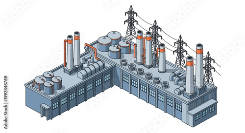 Modern industrial facility with factory buildings, storage tanks, and power lines, depicting energy production, manufacturing processes, and essential infrastructure for urban development