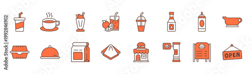 Fast food drink and packaging icon line set soda milkshake juice takeaway box paper bag restaurant outline vector illustration