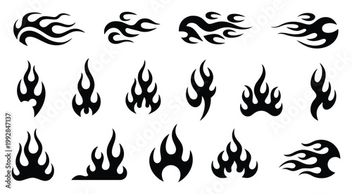 Japanese wave and flame vector set, stylized ornamental ocean waves with dynamic fire elements, clean isolated white background, cultural fusion design assets for logos, apparel prints, and creative.