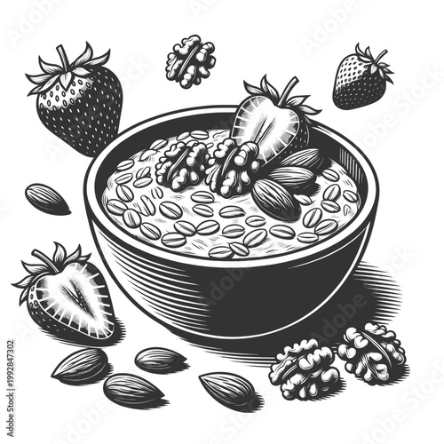 nutritious oatmeal bowl topped with strawberries, almonds, and walnuts, healthy breakfast and balanced diet sketch engraving generative ai vector illustration. Scratch board. Black and white.