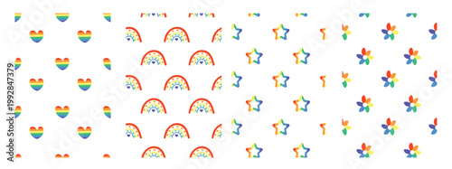Set Seamless Pattern with LGBT star, heart, rainbow, flower. LGBTQ. Symbol of the LGBT pride community. Vector illustration.
