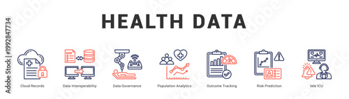 Health Data Modern and clean web banner illustration featuring thematic icons for visual communication