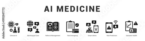 AI Medicine Modern and clean web banner illustration featuring thematic icons for visual communication
