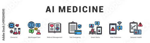 AI Medicine Modern and clean web banner illustration featuring thematic icons for visual communication