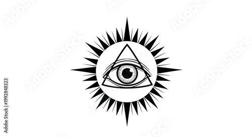 All Seeing Eye Triangle Symbol Sunburst Grunge Style Isolated White Background
