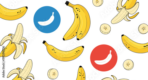 Fresh Bananas with Peels and Sliced in a Colorful Pattern Vector Illustration for Healthy Food, Organic Fruit, and Tropical Designs