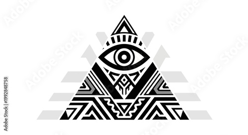 Mysterious All-Seeing Eye Pyramid Symbol with Tribal Patterns, Esoteric Concept