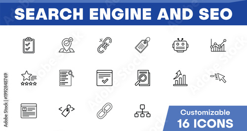 Search Engine and SEO vector icon set, 16 customizable line art icons for digital marketing and web optimization, clean black and white graphic resources