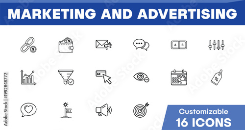 Marketing and Advertising vector icon set, 16 customizable line icons for digital business promotion. Essential marketing tools and advertising symbols for web design and app development.