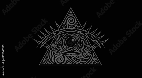 Mysterious All-Seeing Eye Symbol Inside Triangle with Tribal Patterns, Dark Background