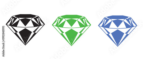 Three diamond icons black, green and blue a gemstone representation