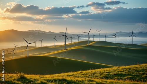 large wind turbines on rolling green hills during sunrise, soft mist, warm golden light