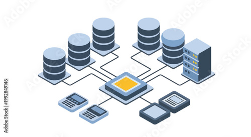 Isometric Data Center Network with Servers and Computers.