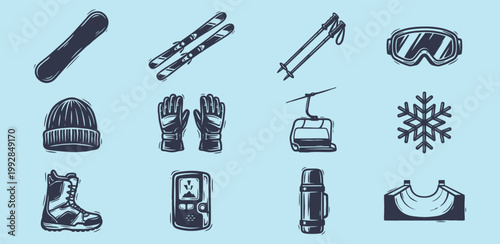Vintage hand drawn winter sports equipment icons for mountain resort branding