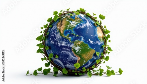 realistic Earth globe wrapped in growing green vines and leaves, isolated on white background