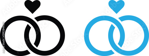 Interlocking wedding rings with heart on top in black and blue