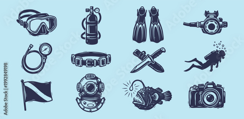 Scuba diving equipment and marine life icons for vintage ocean exploration and adventure designs