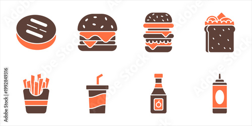 Burger meal combo fast food icon vector set double burger fries drink sauce bottle sandwich takeaway menu illustration