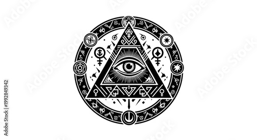 Mysterious Eye Triangle Symbol with Alchemy Symbols and Runes