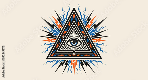 Mysterious Eye Triangle Symbol with Lightning Bolts and Abstract Patterns