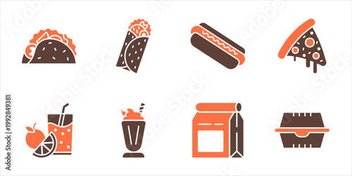 Street food and takeaway meal icon vector set taco burrito pizza slice drink milkshake juice packaging illustration