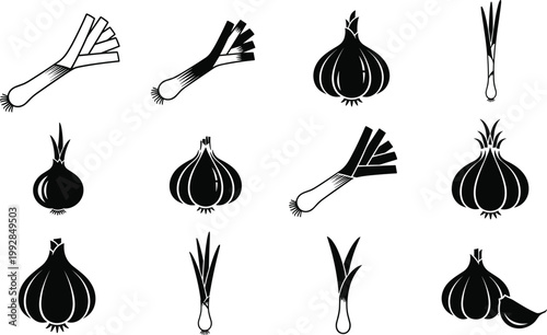 Garlic and Scallion Vector Icons in Black and White Style for Healthy Food, Organic Cooking, and Culinary Designs