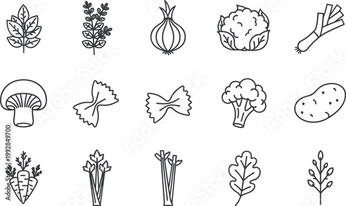 Hand-Drawn Vegetables, Herbs, and Pasta Vector Icons Including Onion, Carrot, Garlic, Broccoli, and More for Healthy Eating, Organic Food, and Culinary Designs