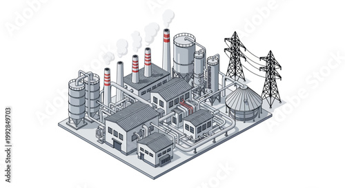 Isometric illustration of an industrial factory complex with buildings, tanks, smokestacks, and power lines, depicting heavy industry and energy production