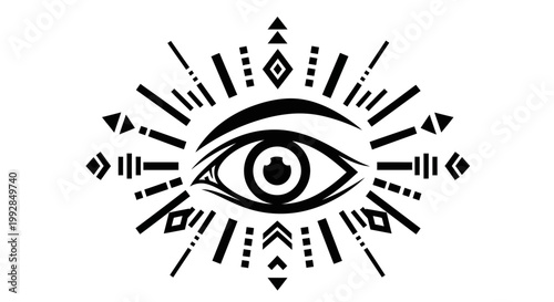 Mystic Eye Symbol with Geometric Ornaments - Black and White Illustration
