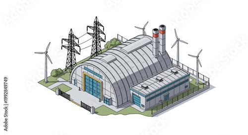 Isometric power plant illustration with wind turbines and high-voltage lines, depicting sustainable energy generation and modern technological infrastructure