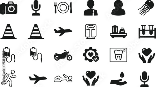 Various Black and White Icons Including Camera, Airplane, Health, and Travel Symbols for Web Design, Technology, and Communication Themes