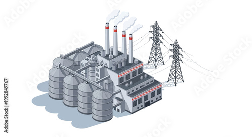 Isometric illustration of a modern industrial factory with power lines and transmission towers symbolizing energy and production