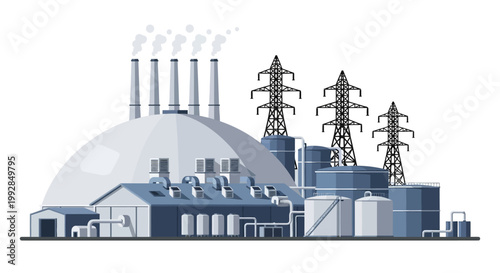 Industrial landscape with a power plant, cooling towers, and transmission towers, representing energy production and infrastructure