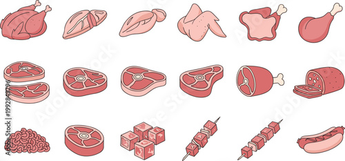 Various Cuts of Meat Vector Illustration for Culinary, Butchery, and Cooking Designs Featuring Chicken, Beef, and Sausage