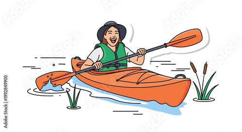 Joyful person paddling a boat across calm water enjoying summer outdoor lifestyle activity with bright sunlight