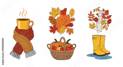 Flat design vector illustration of autumn harvest symbols including warm drink, falling leaves, and pumpkin basket for lifestyle marketing