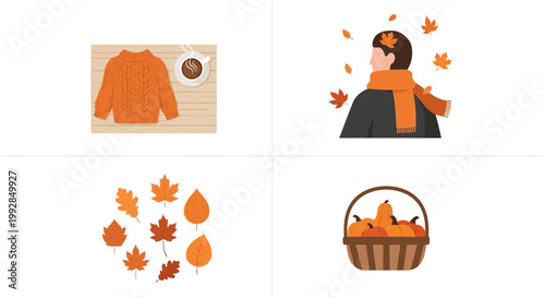 Flat design vector illustration of autumn season lifestyle elements including warm sweater and harvest basket