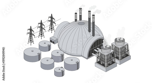 Detailed isometric illustration of a large industrial energy complex with a power plant, storage tanks, cooling towers, and electricity transmission infrastructure