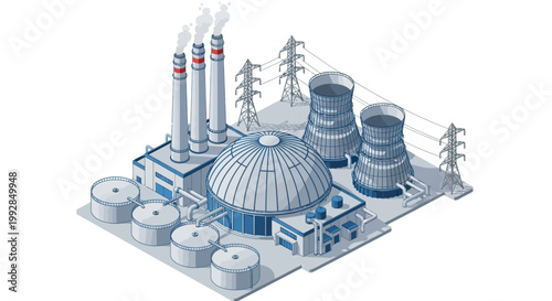 Industrial power plant illustration with cooling towers, smokestacks, and storage tanks, representing energy production and heavy industry infrastructure