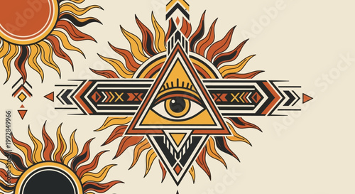 Mystic Eye Symbol, Sun, Tribal Patterns, Esoteric, Boho, Abstract Art