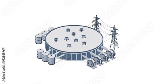 Industrial power generation facility with large circular structure, connected to transmission lines and auxiliary units