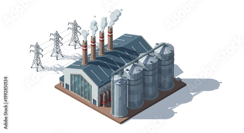 Isometric illustration of an industrial complex featuring factory buildings, smokestacks, silos, and power lines, representing manufacturing and energy