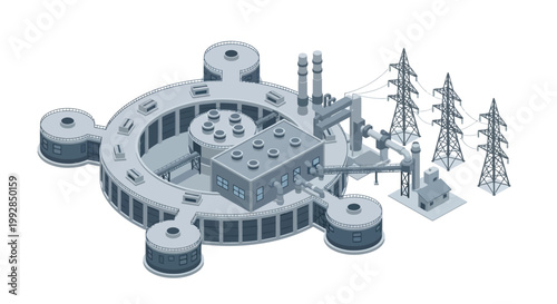 Isometric power plant facility with interconnected modules, smokestacks, and transmission towers, illustrating modern energy infrastructure and industrial development