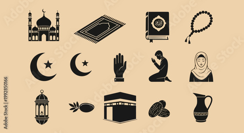 Islamic Icons Collection Mosques, Prayer Mats, Quran, Rosary, and Kaaba