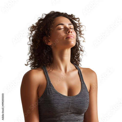A woman in sportswear looks up with eyes closed isolated on transparent background