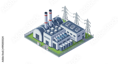 Industrial power generation plant with tall smokestacks and transmission lines, illustrating energy production and infrastructure